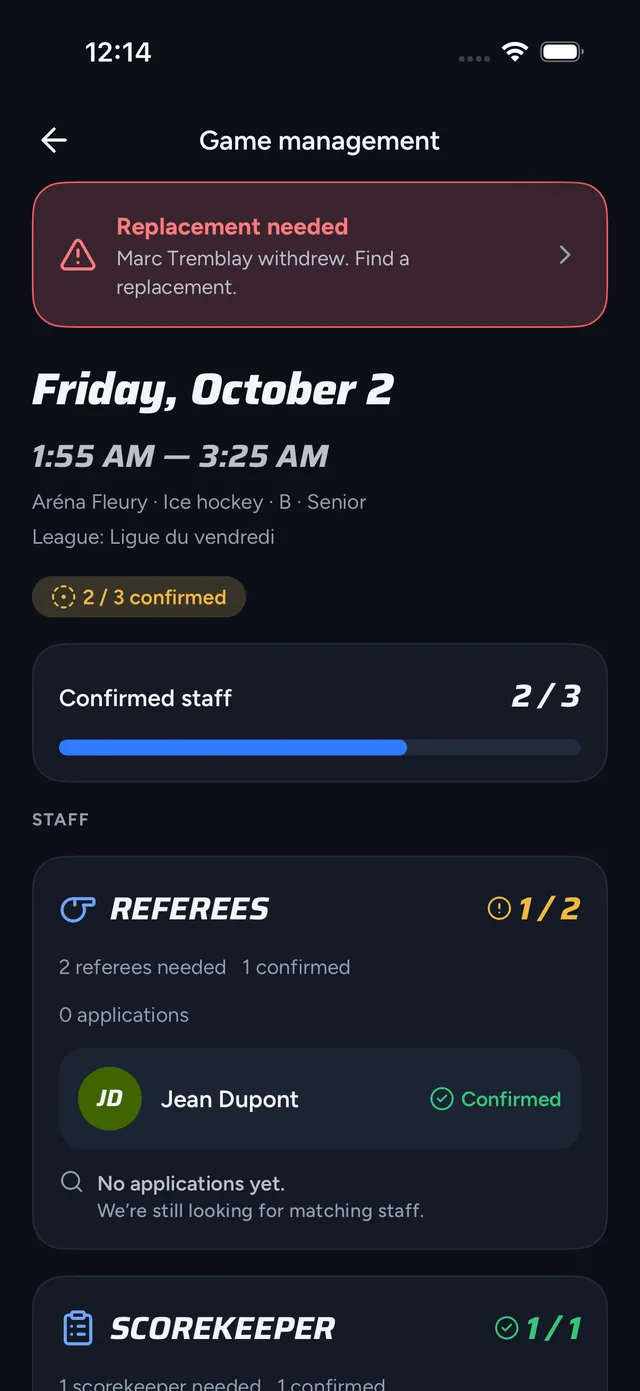 Game management: Replacement needed banner, 2 of 3 officials confirmed and the list of referees