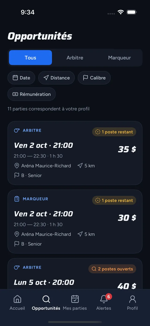 Opportunités : filtres par rôle, date, distance, calibre et rémunération, puis les parties ouvertes avec leur tarif