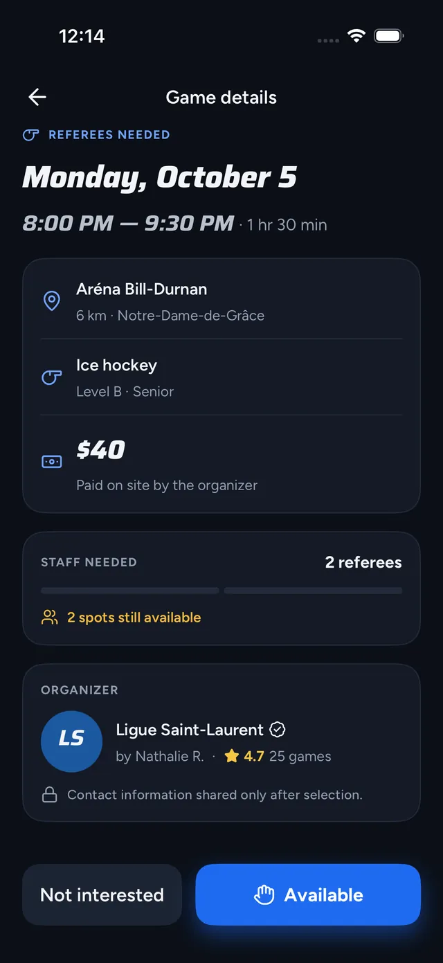 Game details: arena, hockey type, pay, spots still open and a rated organizer