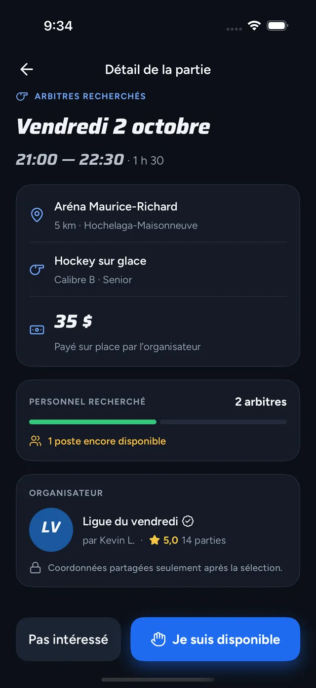 Détail d’une partie : aréna, type de hockey, rémunération, postes encore disponibles et organisateur évalué