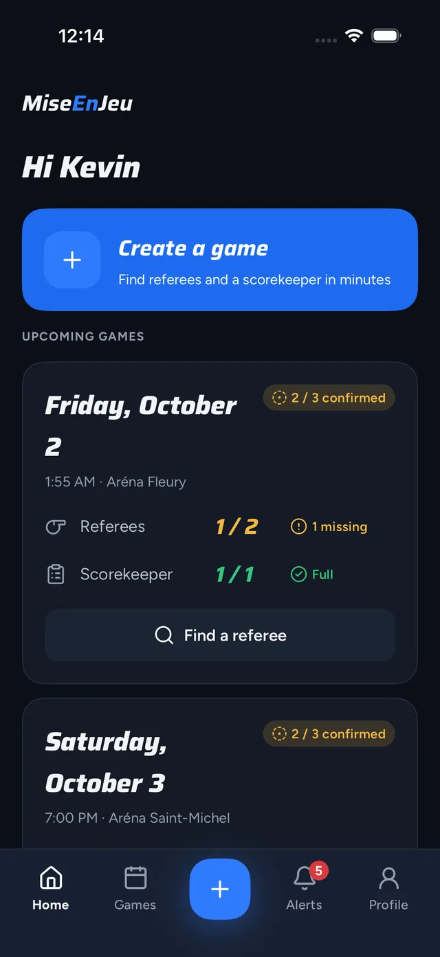 MiseEnJeu organizer home: create a game and track confirmed officials