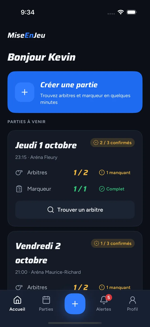 Accueil organisateur de MiseEnJeu : créer une partie et suivre le personnel confirmé